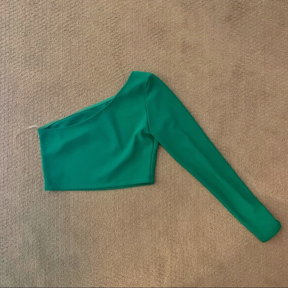 AKIRA One Shouldered Green Tight Fit Stretchy Top - Picture 3 of 3